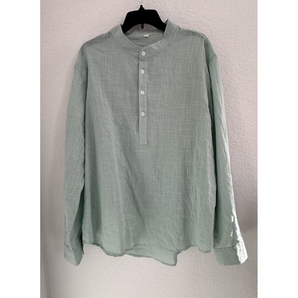Mens Henley Shirt Size XXL Green Long Sleeve 100% Cotton Light Beachy‎ Comfort